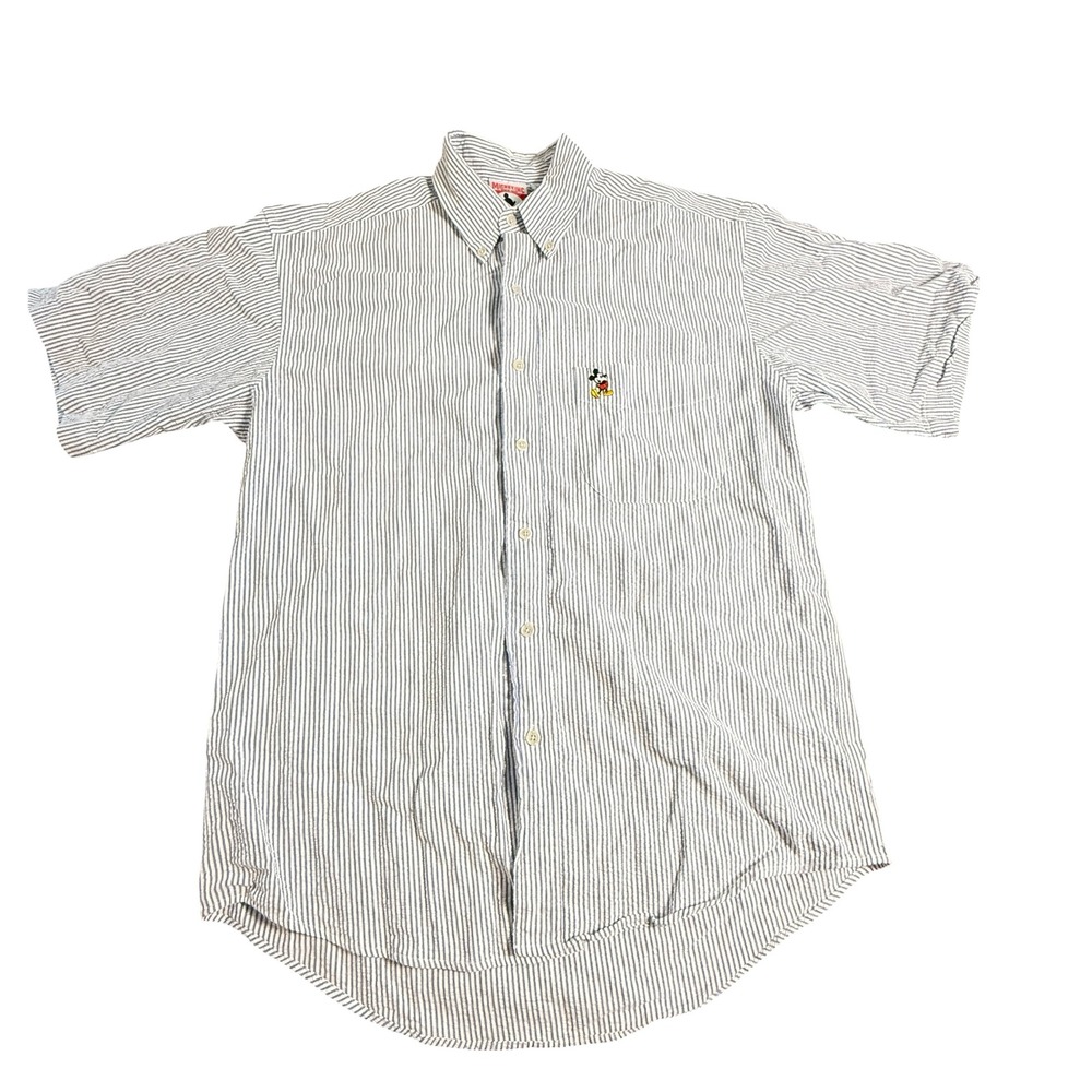Mickey Inc Button Down Shirt Mens Medium Blue Seersucker Mickey Mouse Vintage